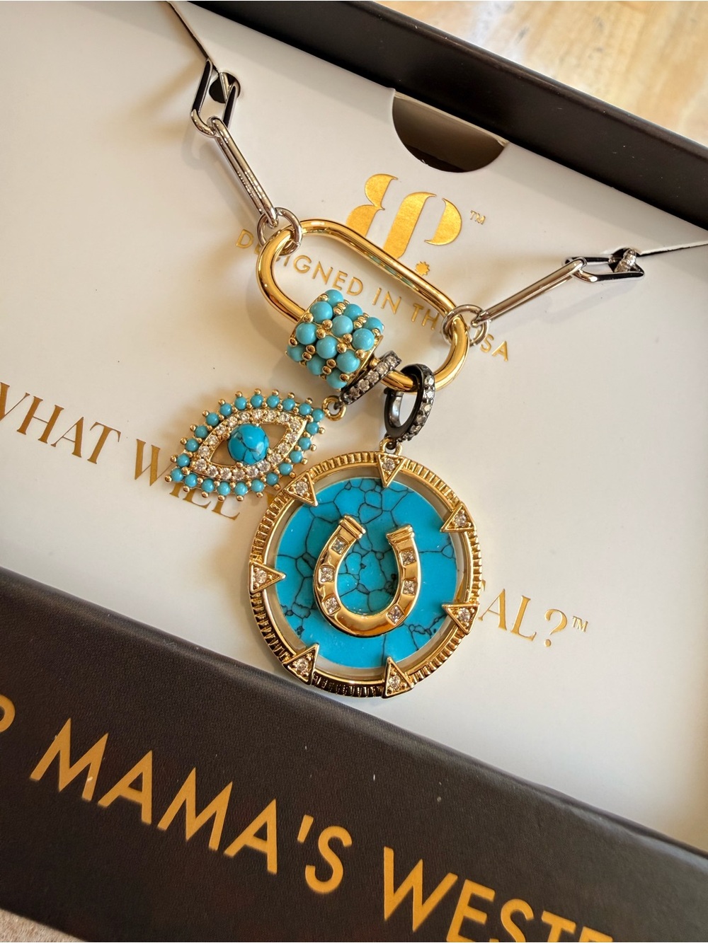 OUTLAW Western Turquoise & Gold Horseshoe Charm Necklace